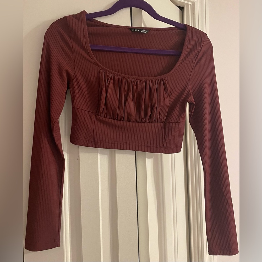 Shein ruched cropped maroon long sleeve